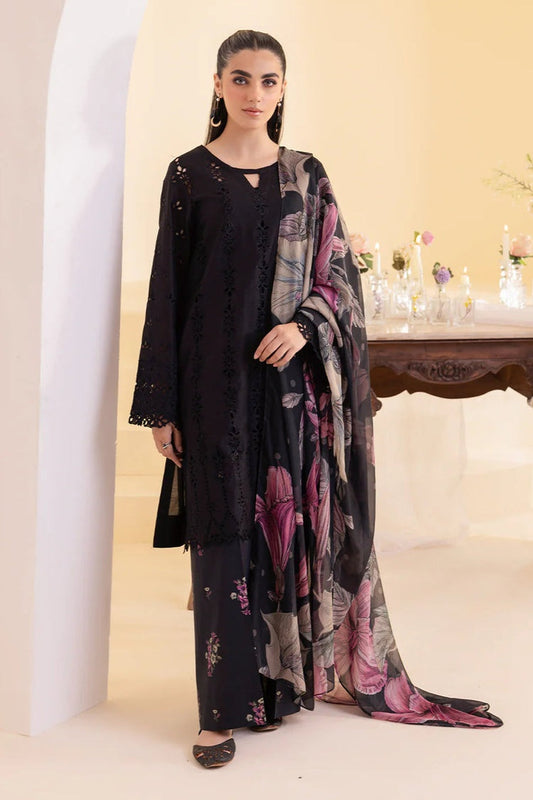 IZNIK-3PC DHANAK CHIKAN EMBROIDERED SHIRT WITH COURTRAI PRINTED SHAWL AND EMB TROUSER-BIC-4022