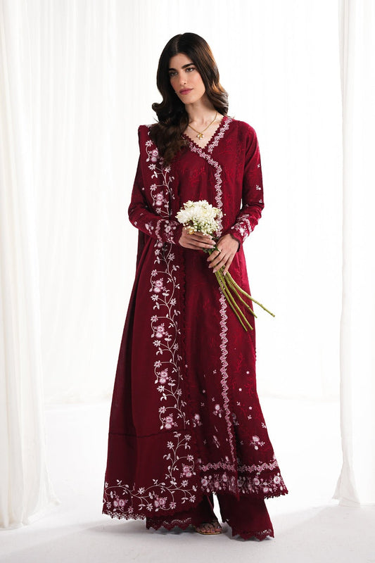 GARNET-3PC DHANAK EMBROIDERED SHIRT WITH DHANAK EMBROIDERED SHAWL & TROUSER-BIC-4312