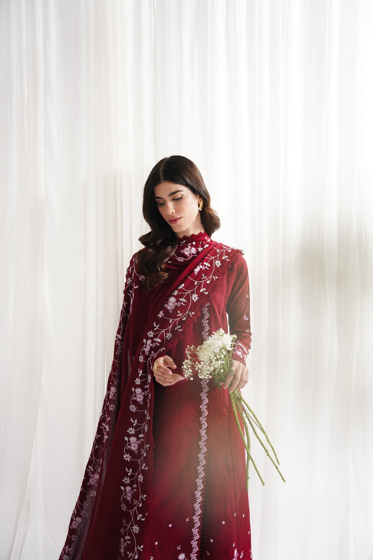GARNET-3PC DHANAK EMBROIDERED SHIRT WITH DHANAK EMBROIDERED SHAWL & TROUSER-BIC-4312