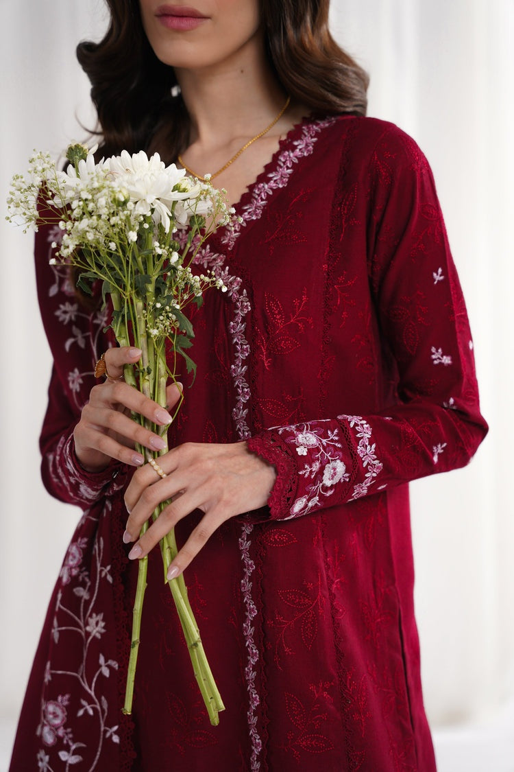 GARNET-3PC DHANAK EMBROIDERED SHIRT WITH DHANAK EMBROIDERED SHAWL & TROUSER-BIC-4312