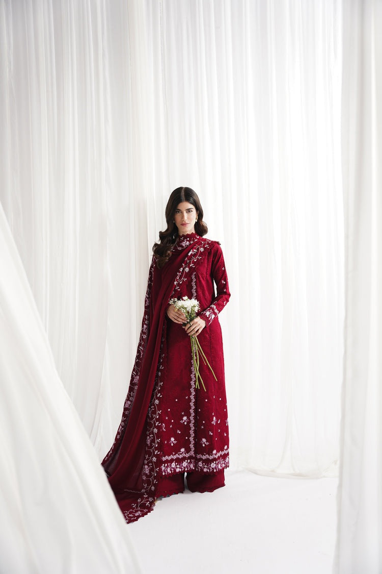 GARNET-3PC DHANAK EMBROIDERED SHIRT WITH DHANAK EMBROIDERED SHAWL & TROUSER-BIC-4312