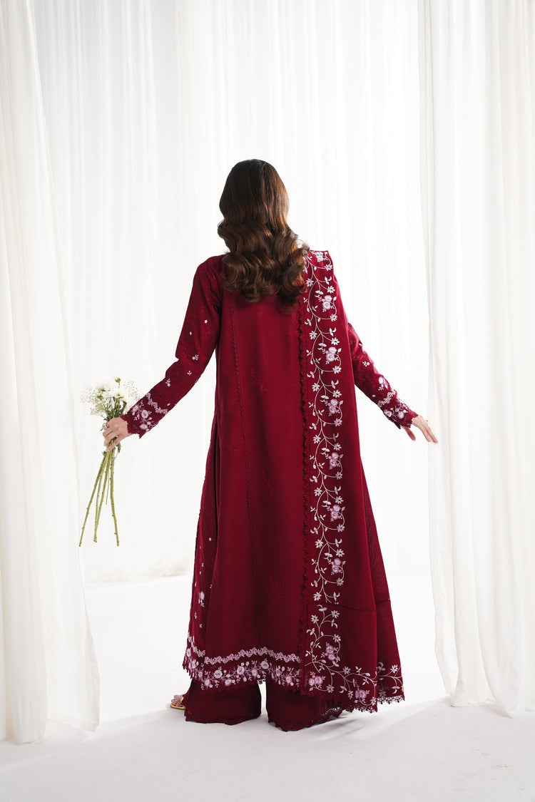 GARNET-3PC DHANAK EMBROIDERED SHIRT WITH DHANAK EMBROIDERED SHAWL & TROUSER-BIC-4312