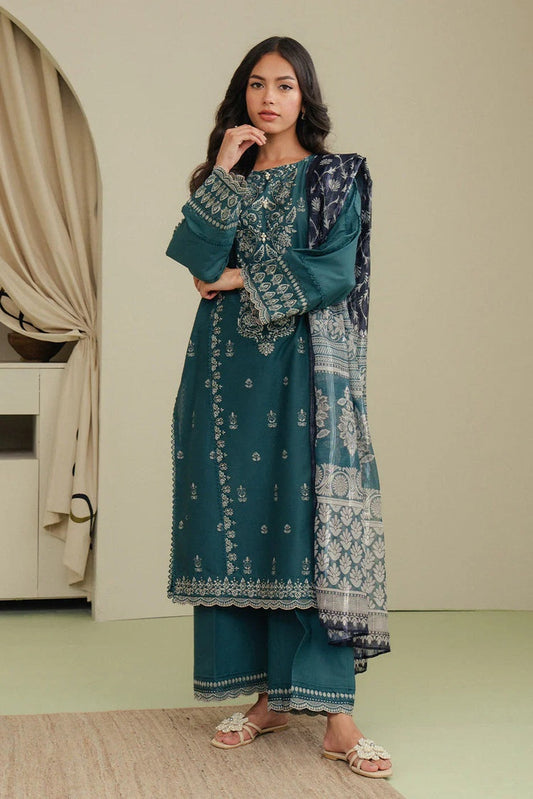 BEECHTREE-3PC DHANAK EMBROIDERED SHIRT WITH COURTRAI PRINTED SHAWL AND EMB TROUSER-BIC-4158