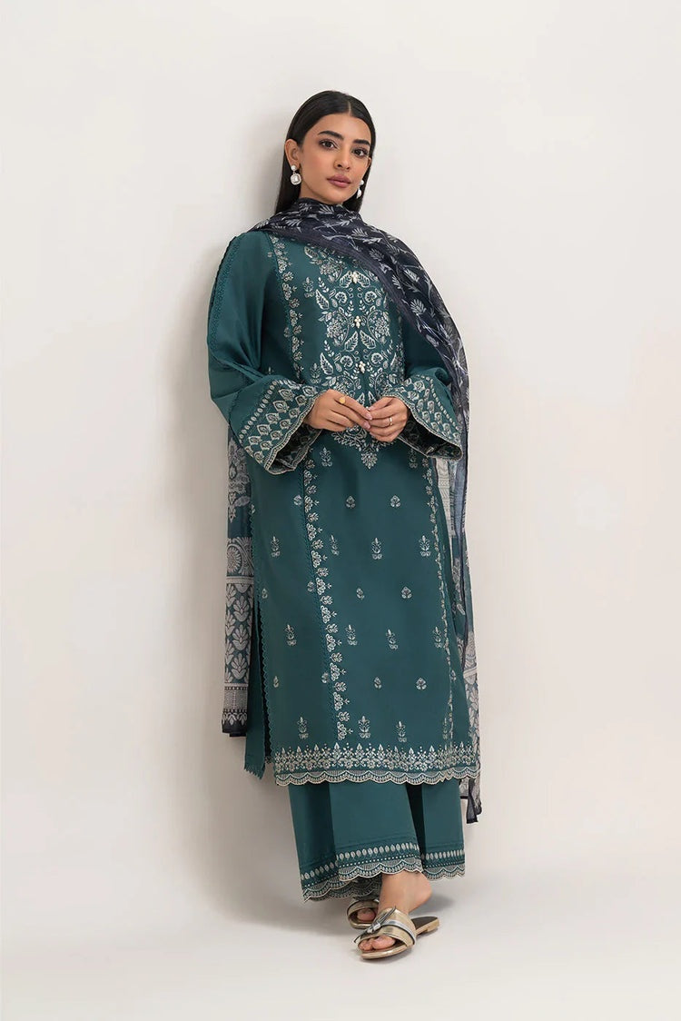 BEECHTREE-3PC DHANAK EMBROIDERED SHIRT WITH COURTRAI PRINTED SHAWL AND EMB TROUSER-BIC-4158