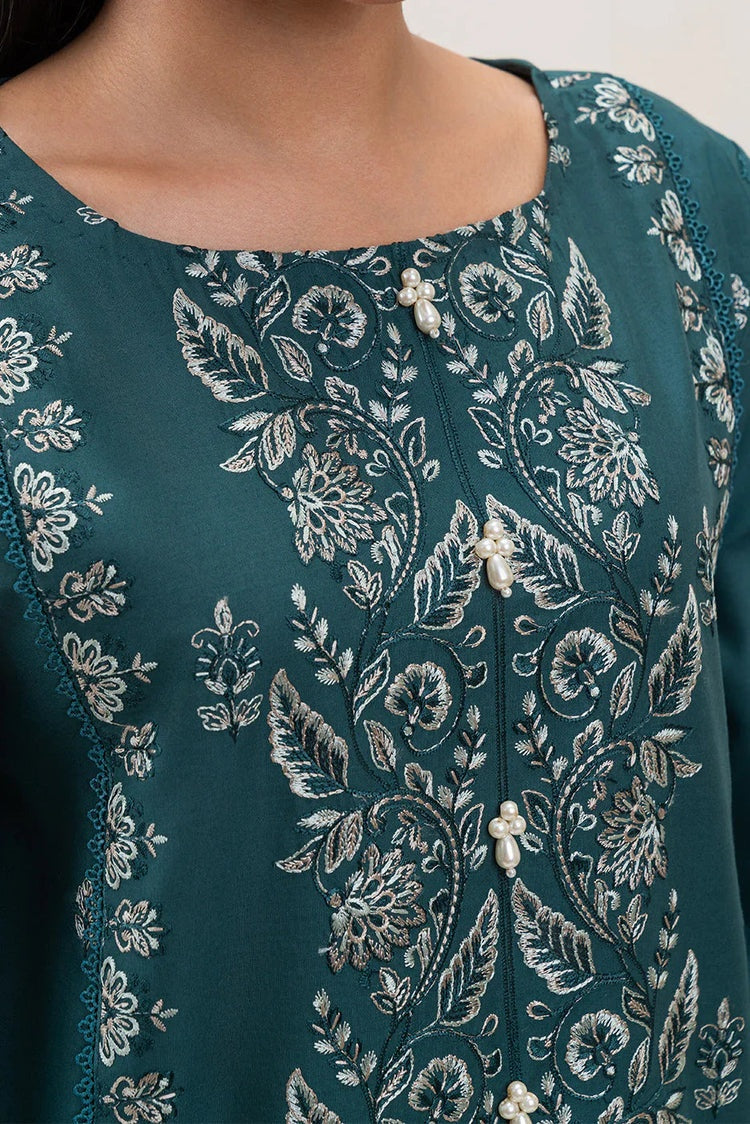 BEECHTREE-3PC DHANAK EMBROIDERED SHIRT WITH COURTRAI PRINTED SHAWL AND EMB TROUSER-BIC-4158