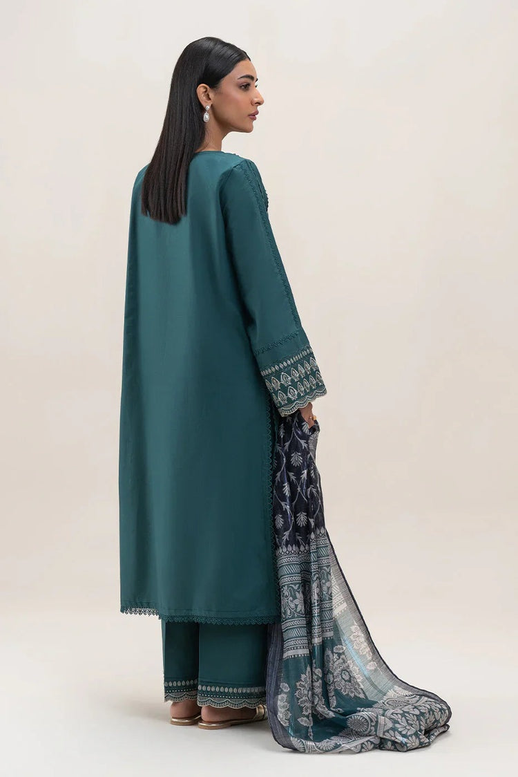 BEECHTREE-3PC DHANAK EMBROIDERED SHIRT WITH COURTRAI PRINTED SHAWL AND EMB TROUSER-BIC-4158