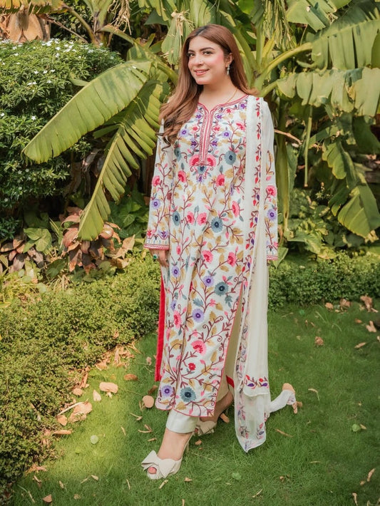 SAPPHIRE-3PC DHANAK EMBROIDERED SHIRT WITH BAMBER CHIFFON EMBROIDERED DUPATTA & TROUSER-BIC-4299