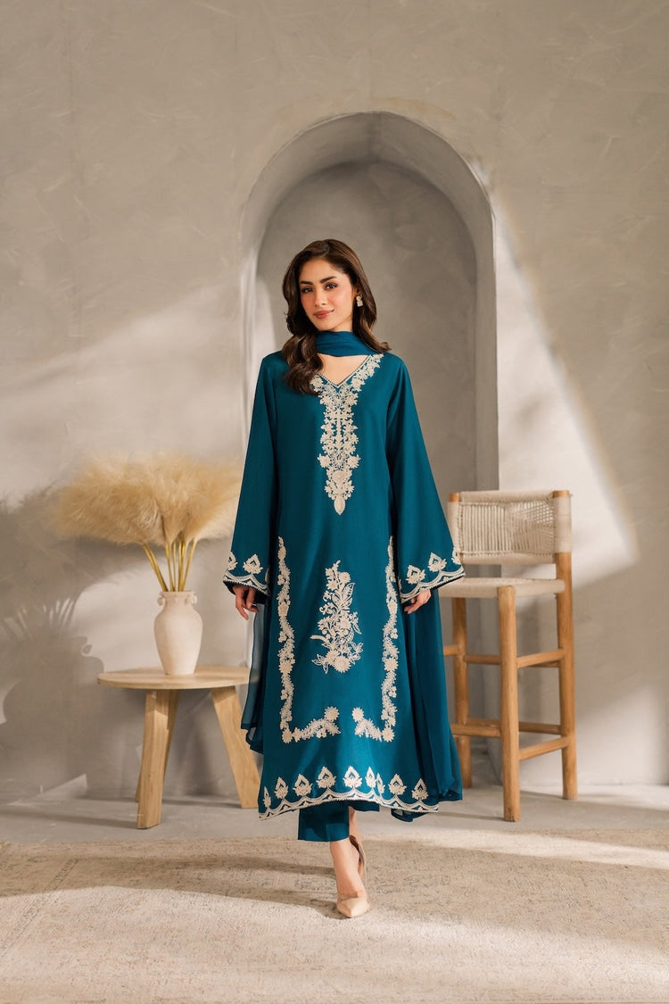 VINTAGE-3PC DHANAK EMBROIDERED SHIRT WITH BAMBER CHIFFON DUPATTA AND TROUSER-BIC-4259