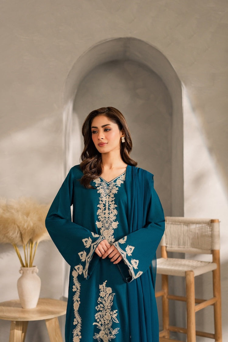 VINTAGE-3PC DHANAK EMBROIDERED SHIRT WITH BAMBER CHIFFON DUPATTA AND TROUSER-BIC-4259