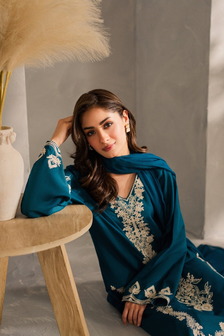 VINTAGE-3PC DHANAK EMBROIDERED SHIRT WITH BAMBER CHIFFON DUPATTA AND TROUSER-BIC-4259