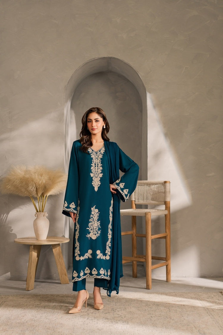 VINTAGE-3PC DHANAK EMBROIDERED SHIRT WITH BAMBER CHIFFON DUPATTA AND TROUSER-BIC-4259