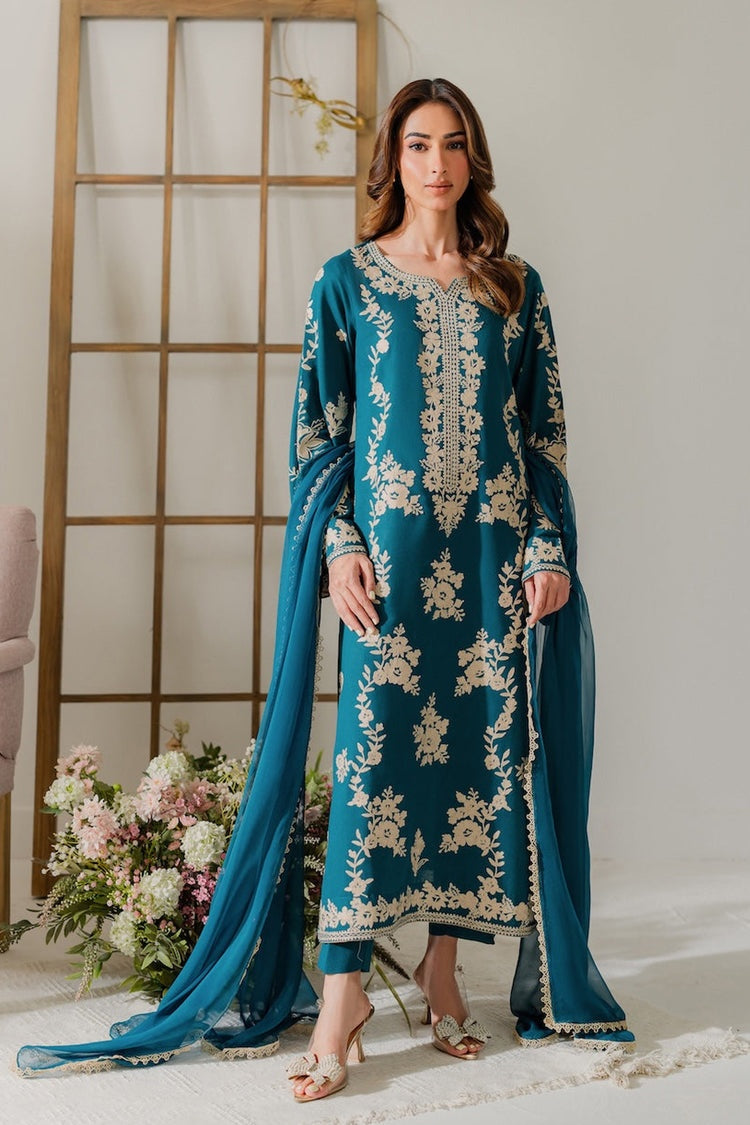 VINTAGE-3PC DHANAK EMBROIDERED SHIRT WITH BAMBER CHIFFON DUPATTA AND TROUSER-BIC-4245