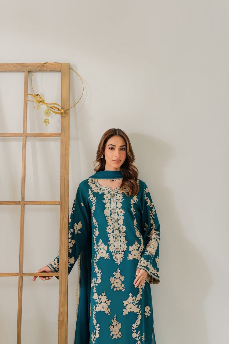 VINTAGE-3PC DHANAK EMBROIDERED SHIRT WITH BAMBER CHIFFON DUPATTA AND TROUSER-BIC-4245