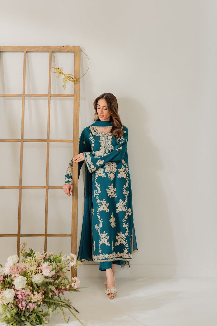 VINTAGE-3PC DHANAK EMBROIDERED SHIRT WITH BAMBER CHIFFON DUPATTA AND TROUSER-BIC-4245