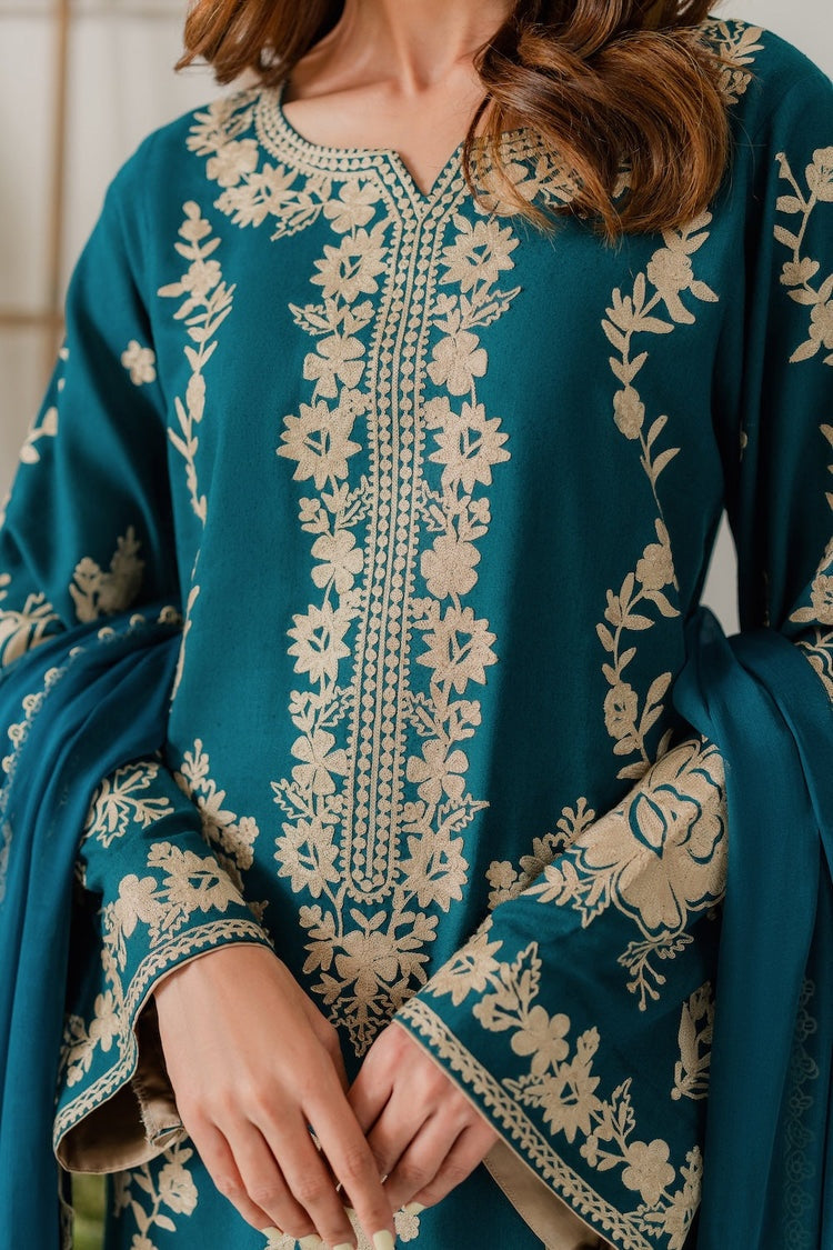 VINTAGE-3PC DHANAK EMBROIDERED SHIRT WITH BAMBER CHIFFON DUPATTA AND TROUSER-BIC-4245