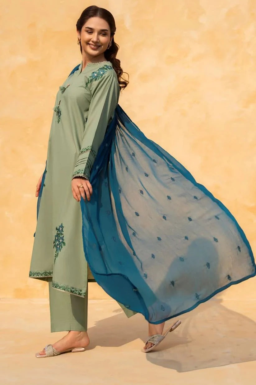 LAZULI LAWN 3PC - LAWN EMB PRINTED SHIRT WITH CHIFFON EMBROIDERED DUPATTA AND LAWN DYED TROUSER | RP