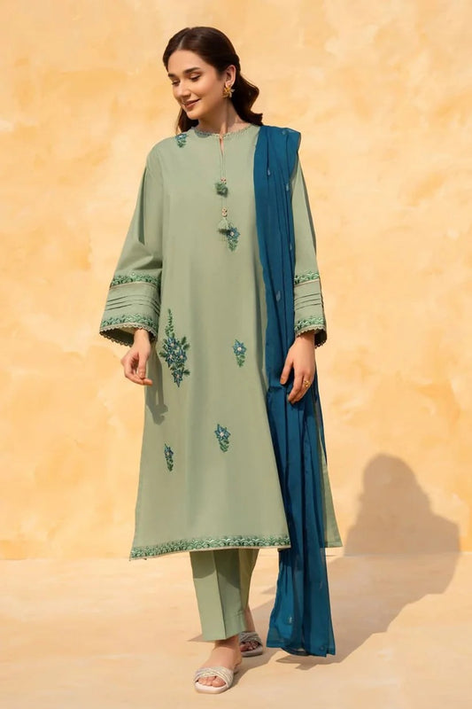 LAZULI LAWN 3PC - LAWN EMB PRINTED SHIRT WITH CHIFFON EMBROIDERED DUPATTA AND LAWN DYED TROUSER | RP