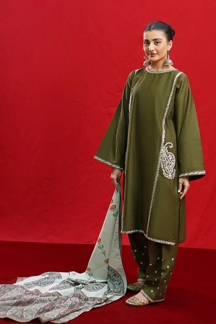 Urge- 3PC Dhanak Embroidered Shirt With Twil Print Wool Shawl & Trouser-RP-3361