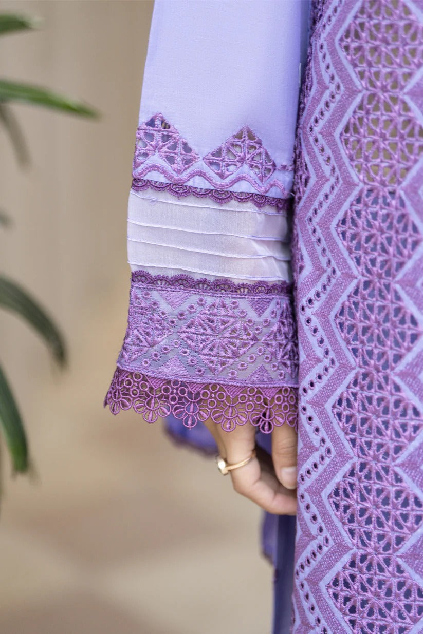 MIRAKHI LAWN 3PC - LAWN LASERCUT EMB SHIRT WITH MONARK PRINTED DUPATTA AND LAWN DYED TROUSER | RP-VOL-1-PLUM