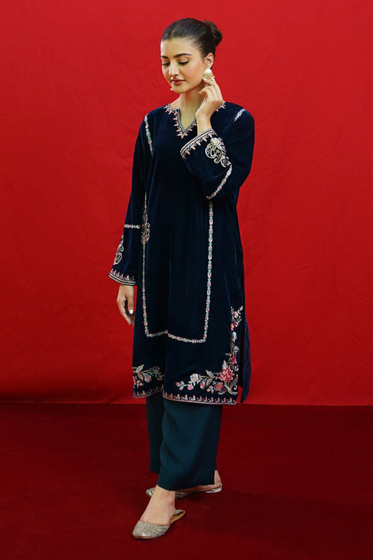 URGE -2PC Velvet Heavy Embroidered Shirt With Velvet Embroidered Sleeves-BIC-D23