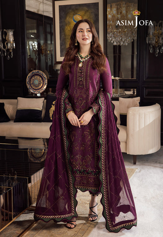 ASIM JOFA-3PC DHANAK EMBROIDERED SHIRT WITH DHANAK EMBROIDERED SHAWL & DHANAK TOUSER-BIC-4291