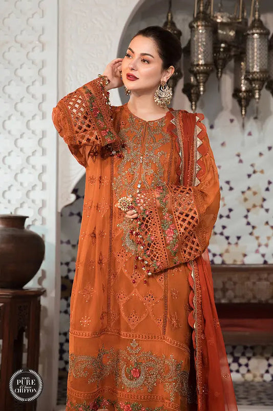 MARIA.B-3PC DHANAK EMBROIDERED SHIRT WITH CHIFFON EMBROIDERED DUPATTA & TROUSER-BIC-4077