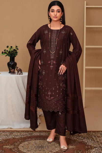 Rang Pasand-3PC Dhanak Embroidered Shirt with Velvet Dhanak Shawl and Trouser-RP-BROWN