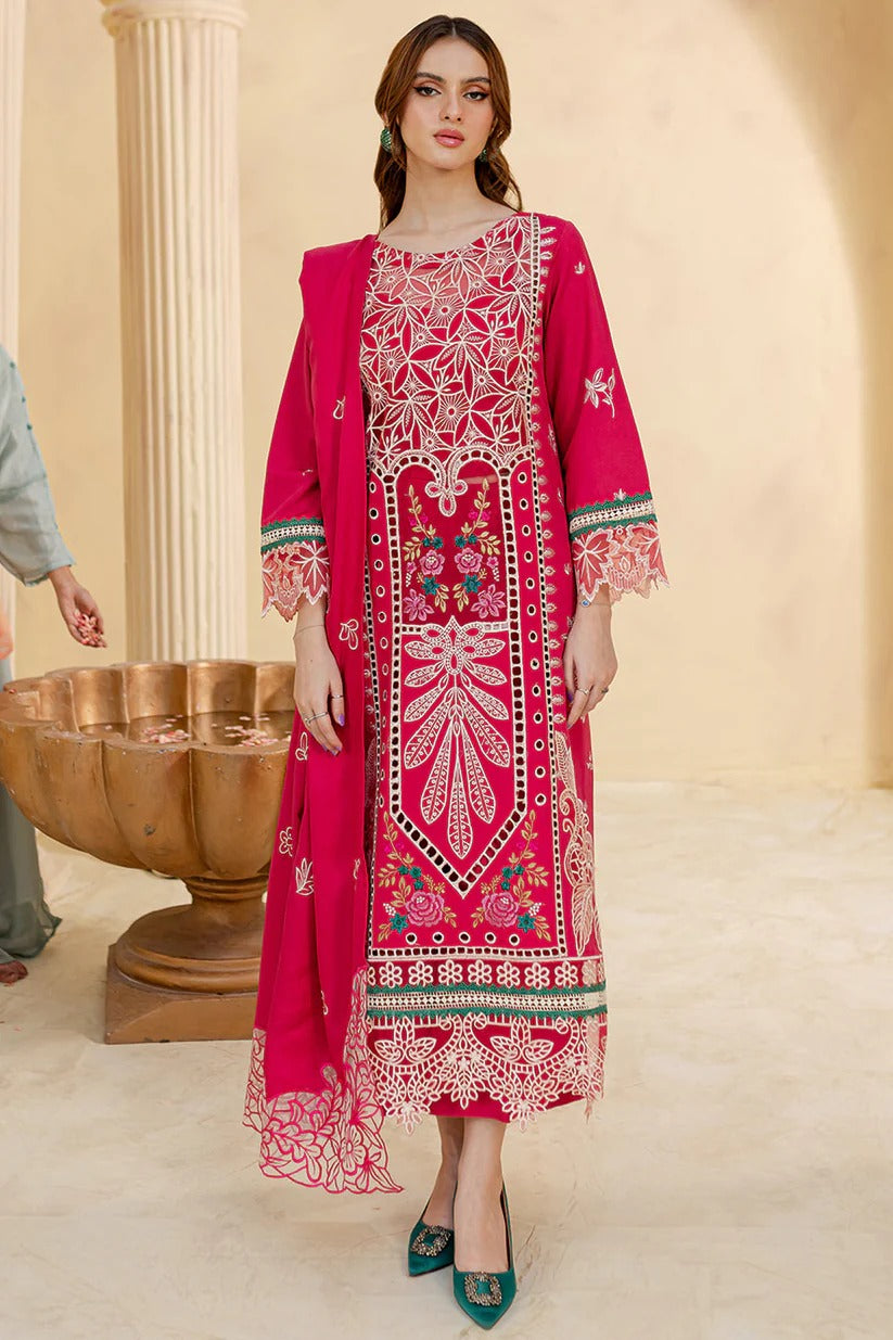 JAZMIN LAWN 3PC - LAWN LASERCUT EMB SHIRT WITH LAWN LASERCUT EMB READY TO WEAR DUPATTA AND LAWN DYED TROUSER | RP-3649