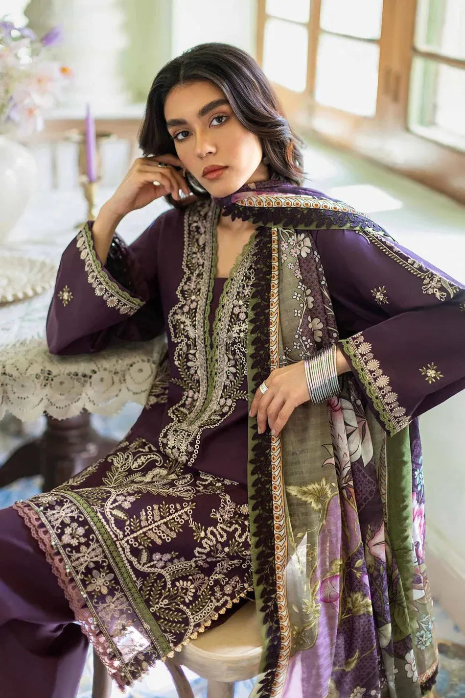 JAZMIN-3PC LAWN EMBROIDERED SHIRT WITH CHIFFON PRINTED DUPATTA AND TROUSER-RP-4631