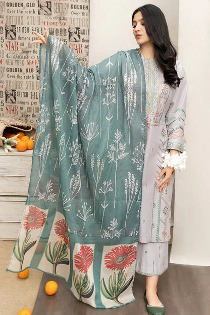 URGE - 3PC DHANAK EMBROIDERED SHIRT WITH COUTUTRE PRINTED SHAWL & EMB TROUSER-RP127