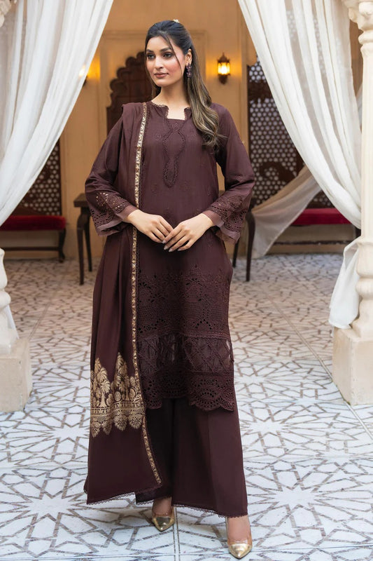 MIRAKHI LAWN 3PC - LAWN CHIKANKARI EMB SHIRT WITH LAWN JACQUARD PINTED DUPATTA AND LAWN DYED TROUSER | RP-5500