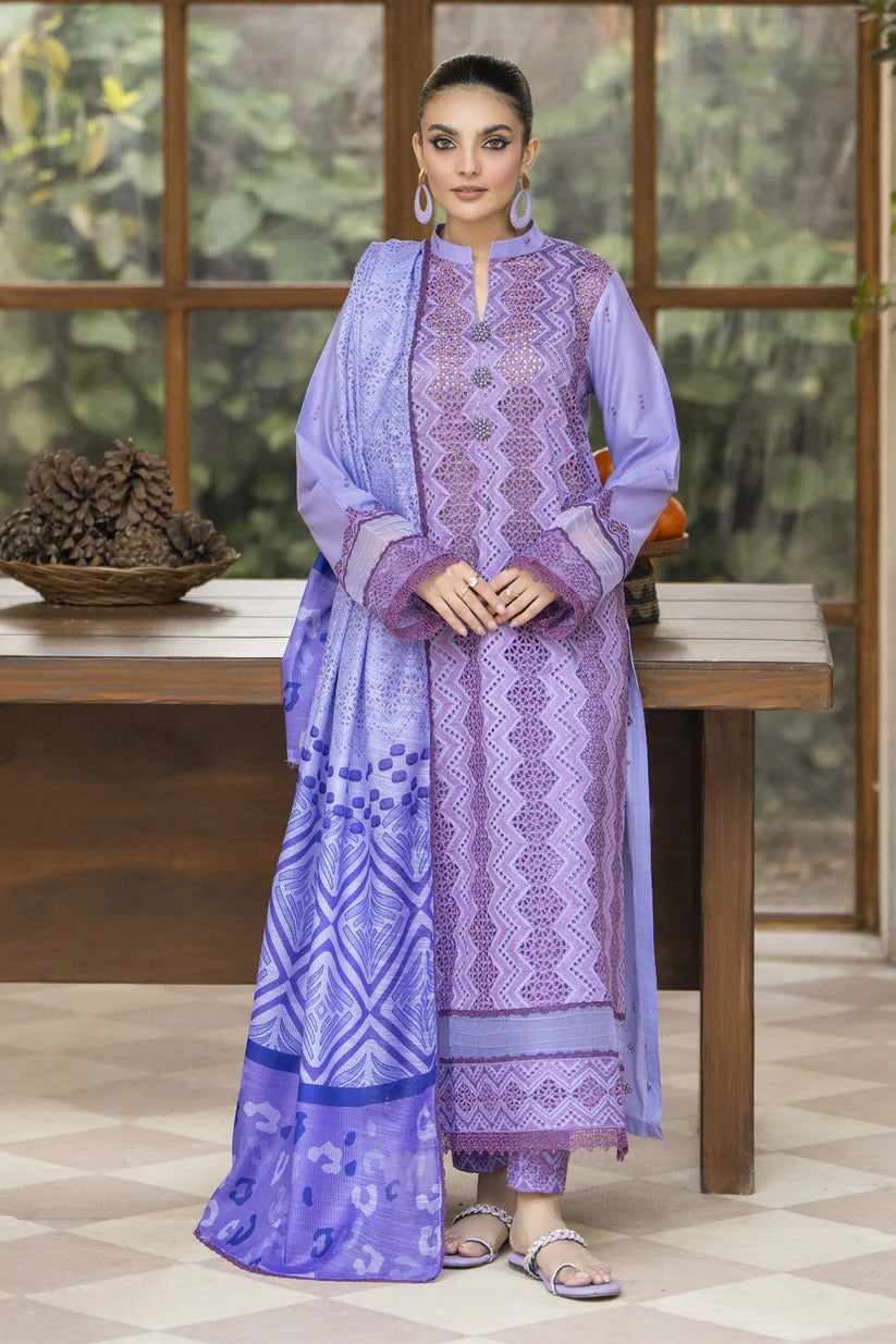 MIRAKHI LAWN 3PC - LAWN LASERCUT EMB SHIRT WITH MONARK PRINTED DUPATTA AND LAWN DYED TROUSER | RP-VOL-1-PLUM