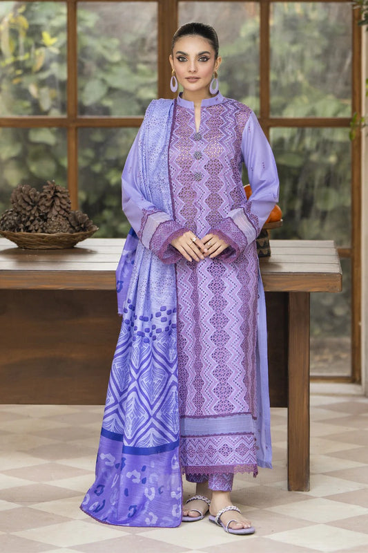 MIRAKHI LAWN 3PC - LAWN LASERCUT EMB SHIRT WITH MONARK PRINTED DUPATTA AND LAWN DYED TROUSER | RP-VOL-1-PLUM